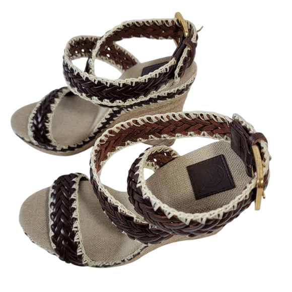 NEW Tory Burch Brown Woven Leather Paloma Ankle Strap Espadrille Wedge Sz 37.5 - Picture 2 of 12